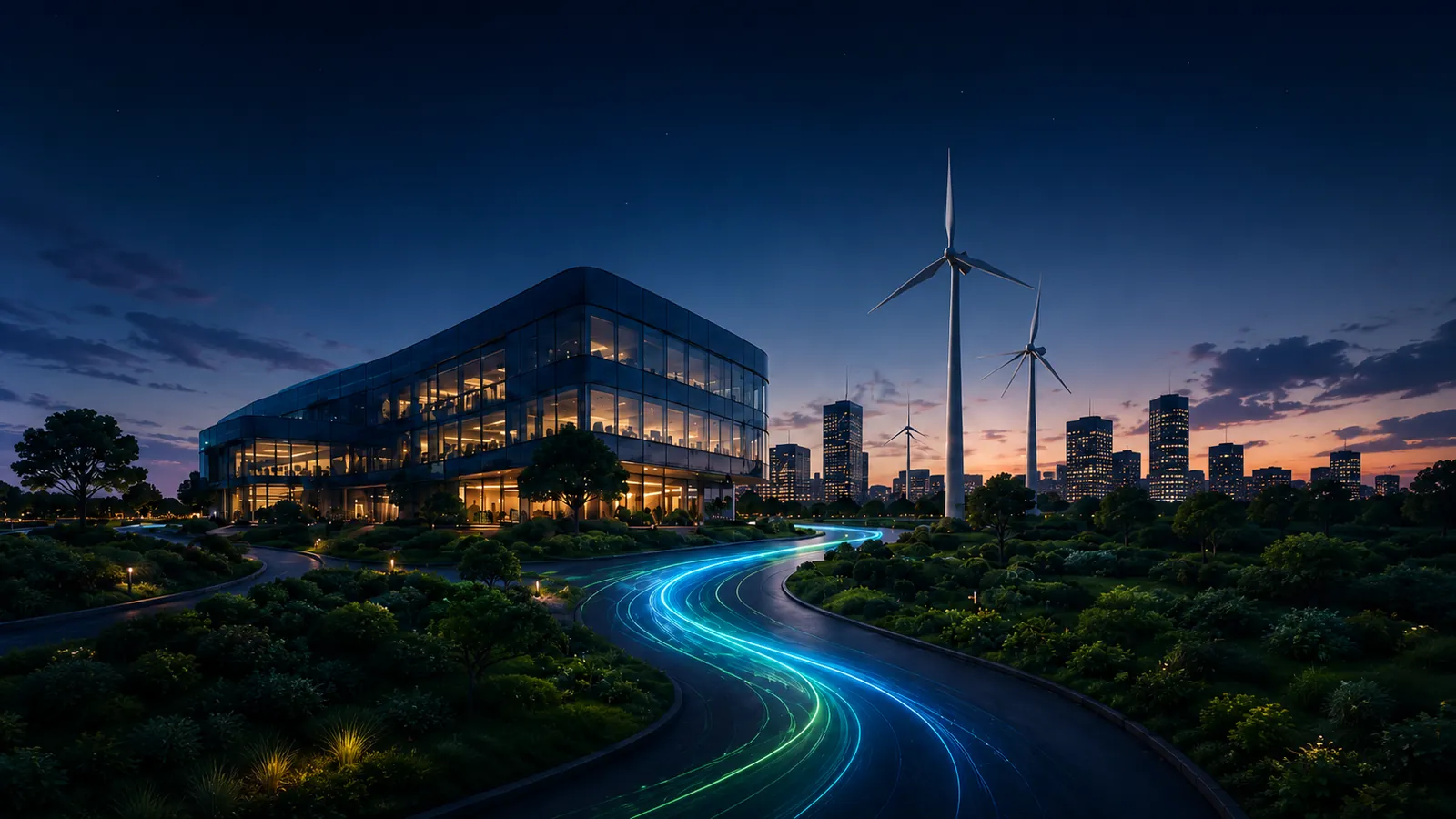Energy-efficient commercial campus at dusk, with wind turbines and illuminated office buildings
